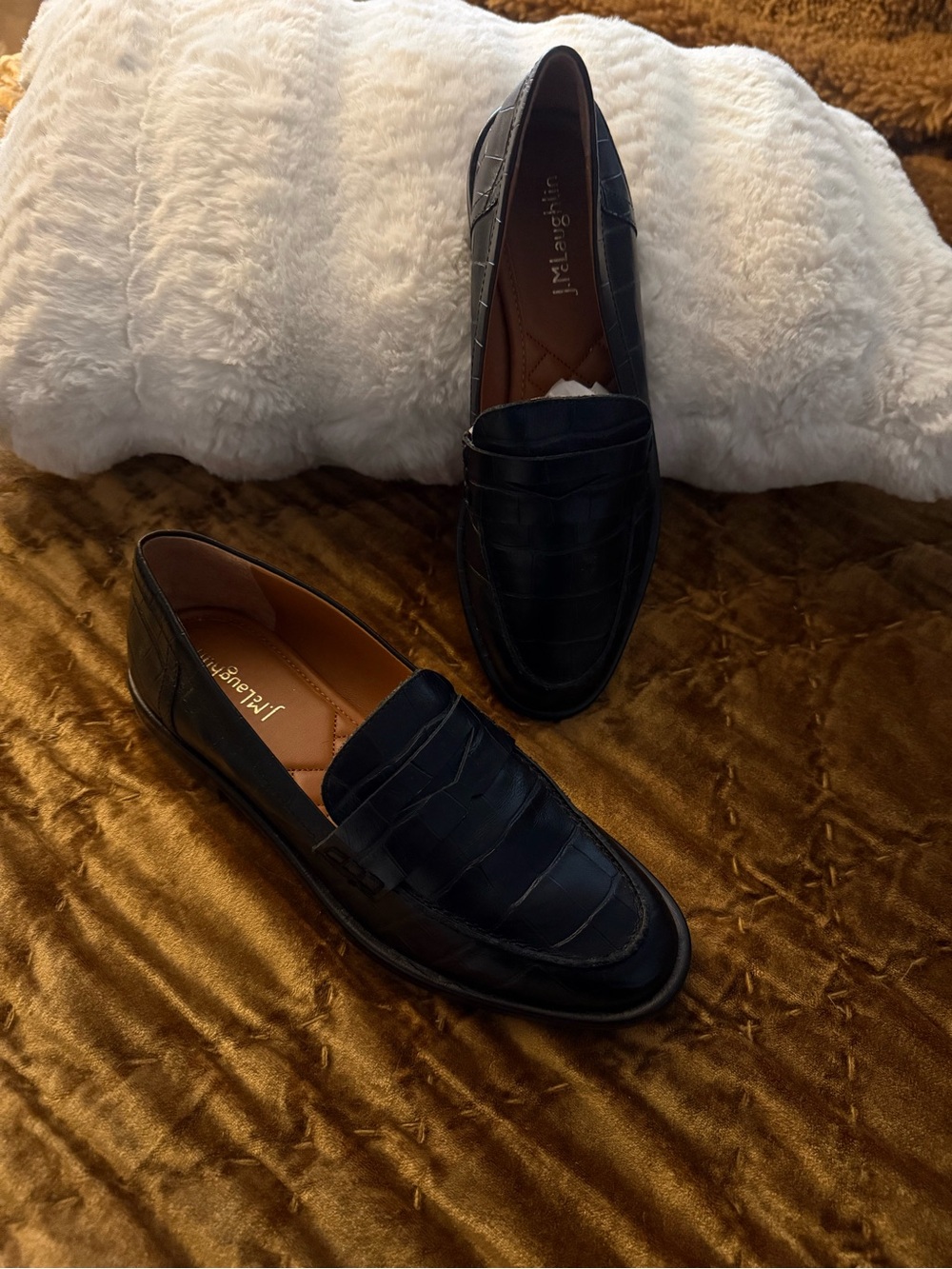 J. McLaughlin Black Croc-Embossed Penny Loafers